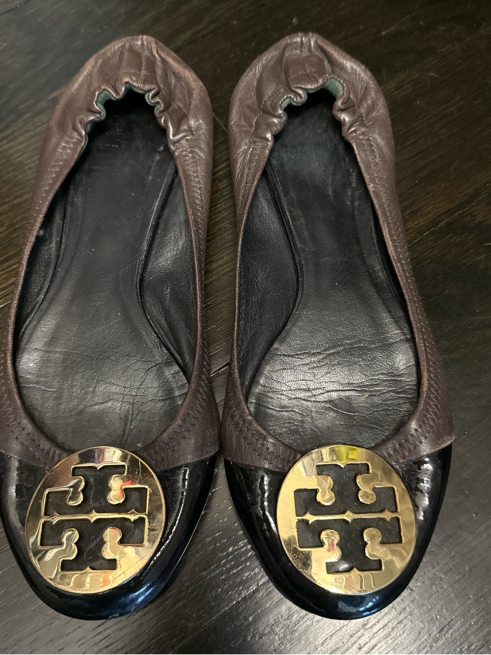 Tory Burch Brown Leather Flats with Black Patent Cap & Gold Logo